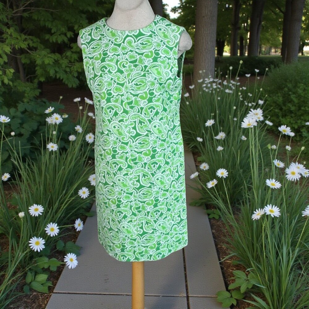 Vintage 70s Handmade Dress Double Knit Sheath Green and White Retro Pattern